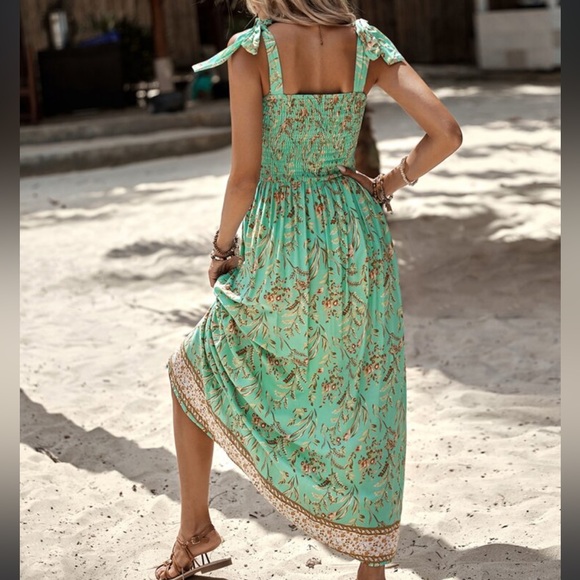 Boho Floral Print Smocked Shoulder Tie Cami Dress - Picture 2 of 5